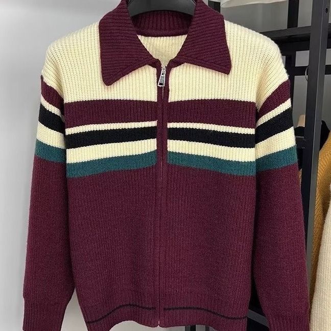 Herenkleding Hoge kwaliteit! Retro twist gestreept trui vest heren herfst en winter losse revers trui met lange mouwen_voghion.com