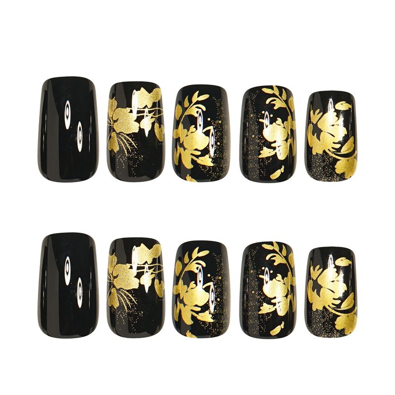 24 pezzi unghie cinesi unghie finte nere lucide nobili design foglia oro unghie indossabili unghie finte_voghion.com