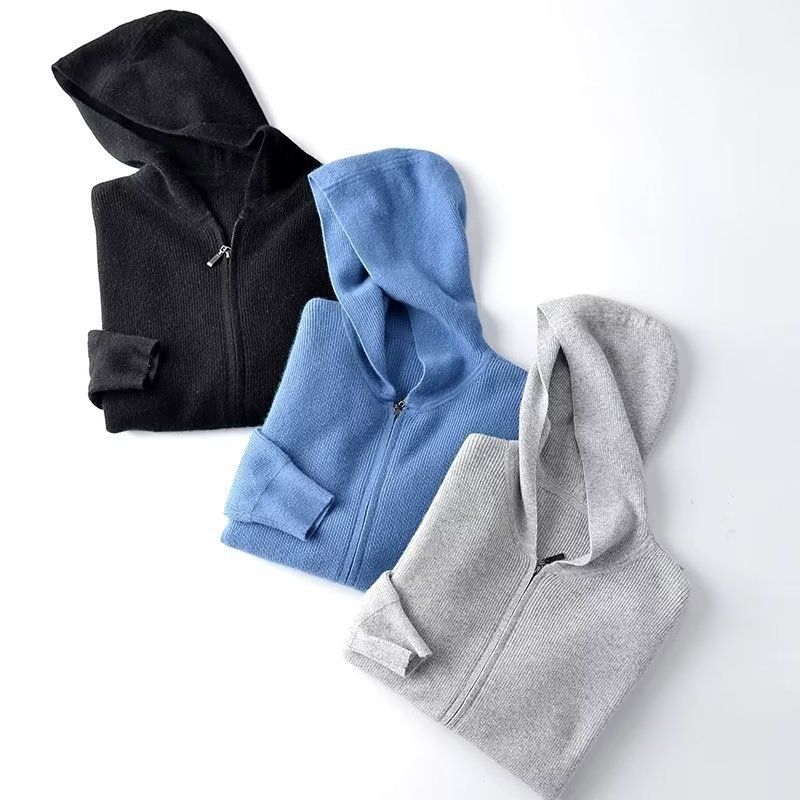 Men's Cashmere Hooded Cardigan – Soft Knit Zipper Sweater (Light Blue/Black/Grey/Dark Blue, Sizes M-3XL)_voghion.com