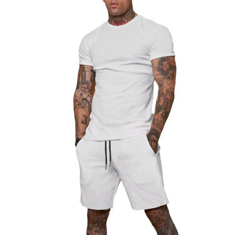 CT Hot Selling Solid Color T-Shirt + Five-Point Men's Summer Short Sleeve Shorts Set Breathable Style_voghion.com