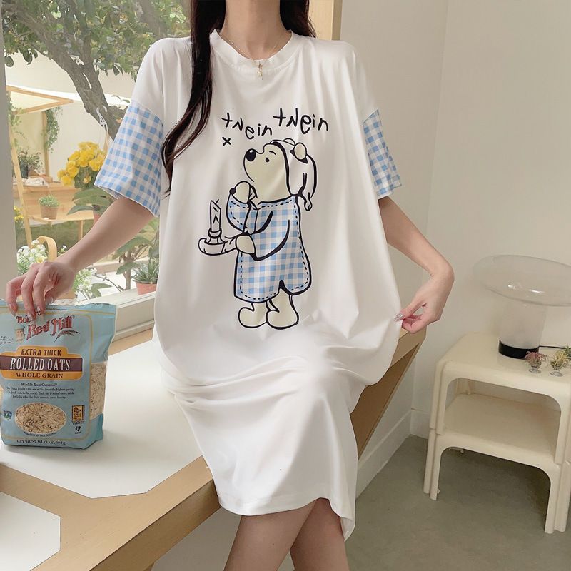 2024 nieuwe pyjama's met ronde hals, zomerse Koreaanse versie voor dames, schattige nachtjapon met korte mouwen voor thuisgebruik_voghion.com