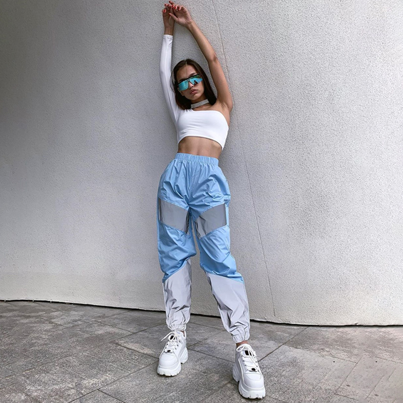 Pantalon de sport décontracté pour femmes, taille moyenne, patchwork réfléchissant, course de nuit, décontracté_voghion.com