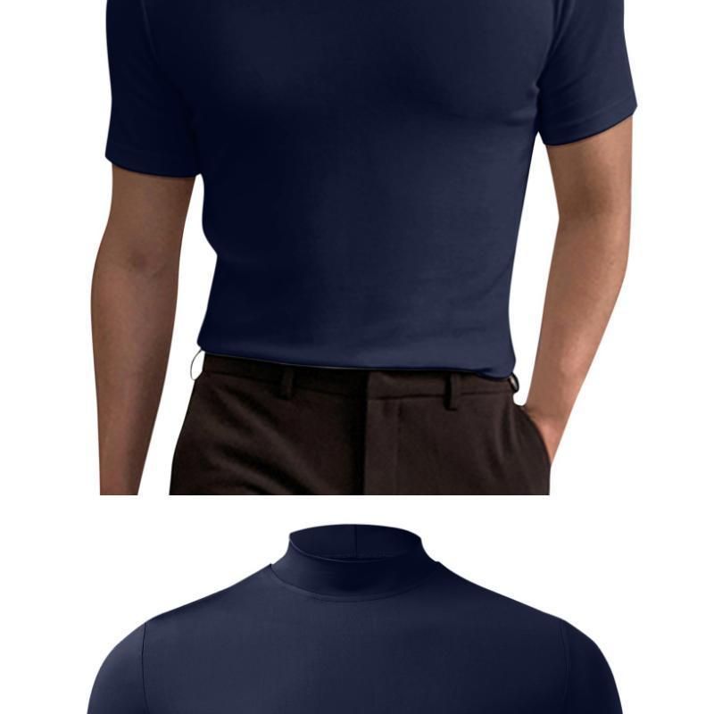 2024 Herbst Winter Stehkragen Kurzarm T-Shirt Herren Basishemd Einfarbiges Oberteil_voghion.com