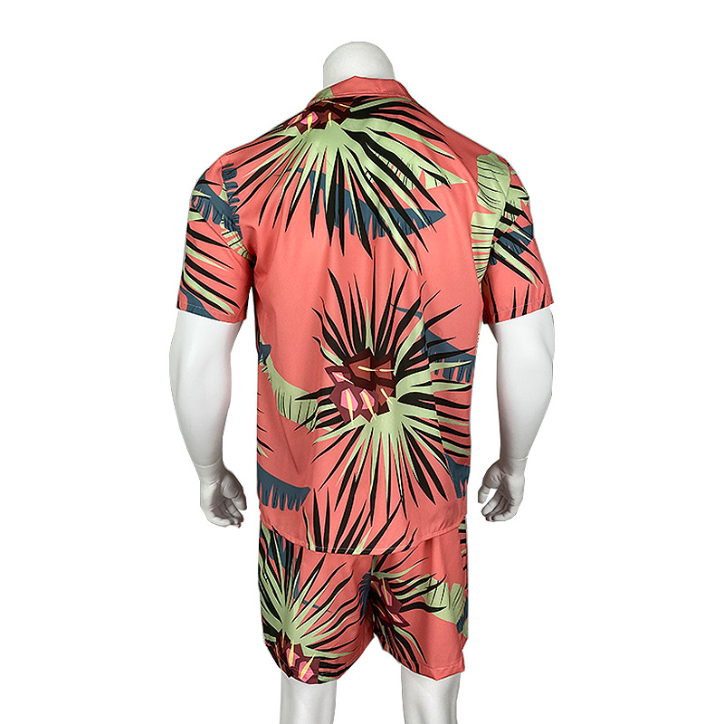 2024 Men's Hawaiian Beach Style with Leaf Printed Shorts, Short Sleeves, Cuban Collar Shirt, Two Piece Set_voghion.com