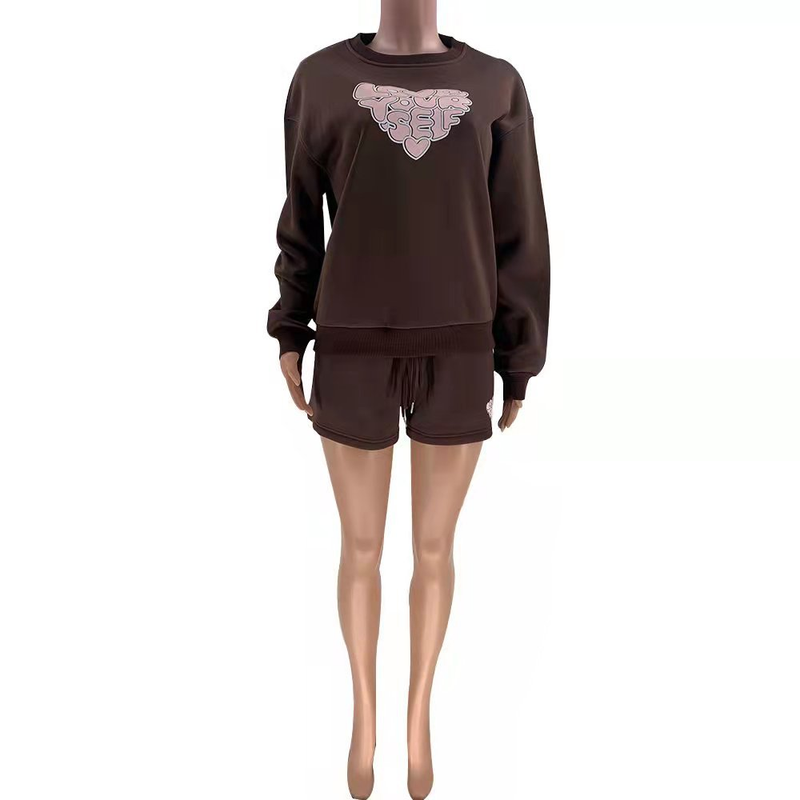Women's fashion casual printed shorts two-piece set plus fleece long-sleeved hoodie set_voghion.com