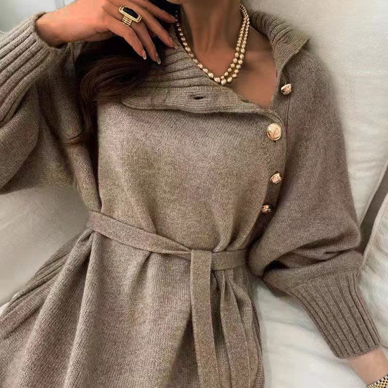 Damen-Pulloverkleid mit Rollkragen, über dem Knie, zweiteilig, Strickkleid mit Schnürung und Taille_voghion.com