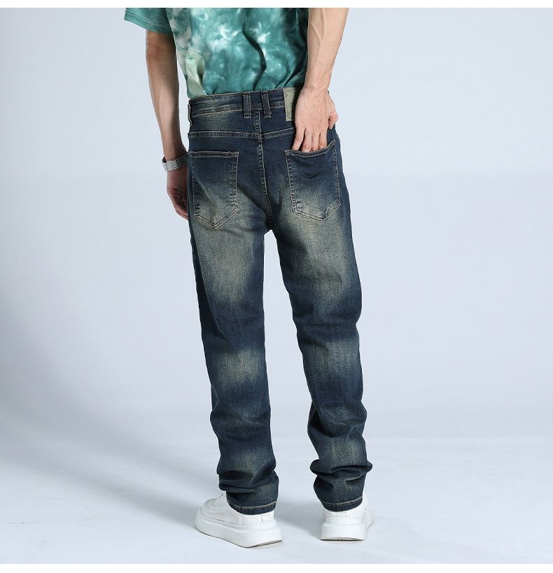 Trendy American Heavy Industry Washed und Used Jeans für Herren, locker und elastisch, Horse Willow Straight Leg Pants, Street Commuter Jeans_voghion.com