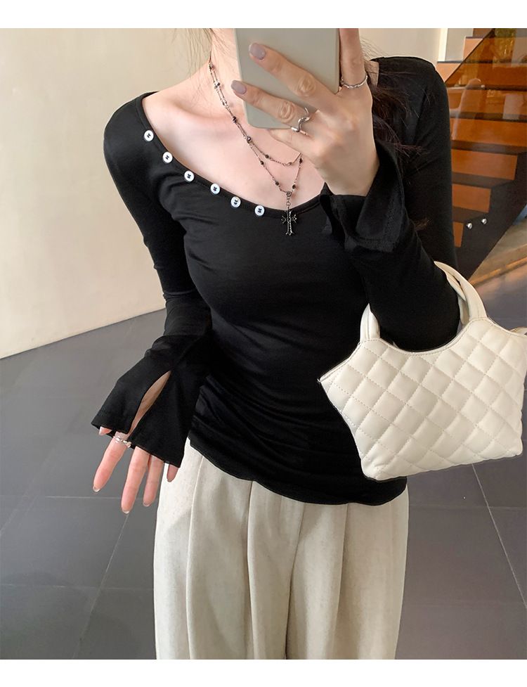Camiseta feminina de manga comprida com decote em V e listras largas, estilo novo de outono, base de camada interna adelgaçante que aperta a cintura_voghion.com