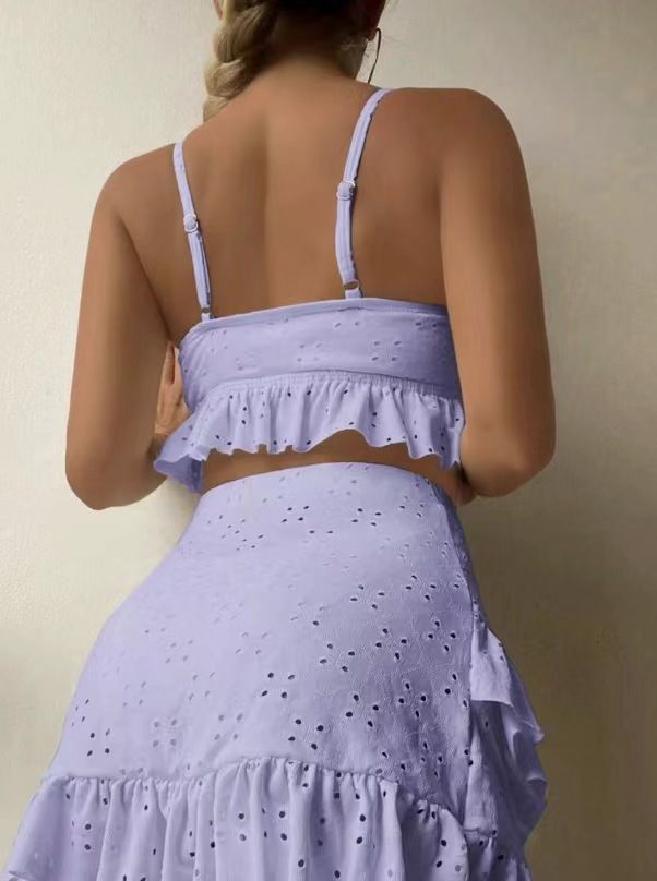 Costume da bagno in tre pezzi con gonna divisa da donna, costume da bagno bikini da spiaggia con lacci, stile caldo_voghion.com