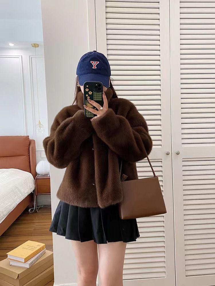 Damenbekleidung Stehkragen Kurzer Nerzsamt Damen Kunstsamt Nerzpelzmantel Kurzer Stehkragen Winter Umweltfreundliche Kunstpelzjacke_voghion.com