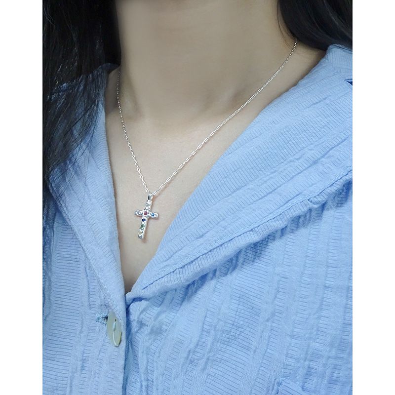 460 Korean Version INS Niche Light Luxury Design Sense Wrinkle Texture Cross Color-Block Zircon Necklace Pure Silver S_voghion.com