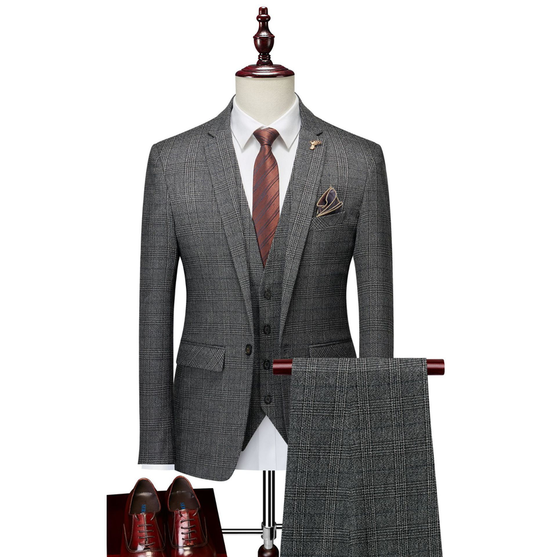 Conjunto de chaqueta de traje casual delgado a cuadros de ropa de hombre de 3 piezas_voghion.com