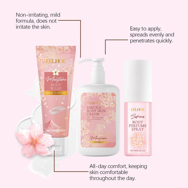 EELHOE Sakura Body Skin Care Kit, Zachte reiniging, hydraterend, hydraterend, voedende huidgeur_voghion.com