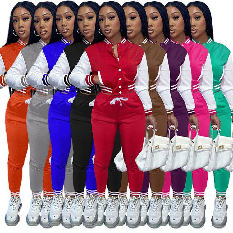 Women's Clothing women's patchwork jacket single breasted baseball suit women's sports two piece set_voghion.com