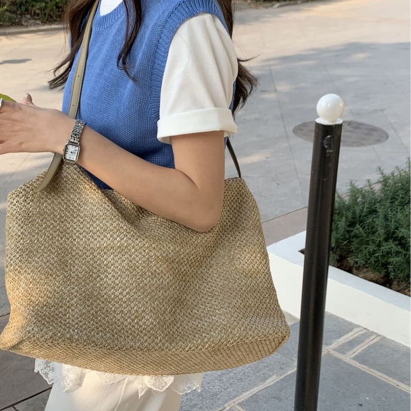 Borsa da spiaggia in paglia intrecciata, nuova, a tracolla singola, da donna, con nappa a righe, stile coreano, casual, per le vacanze_voghion.com