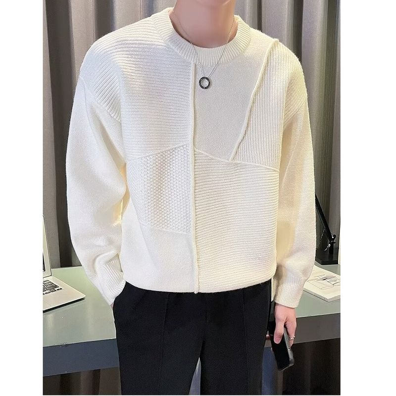 Men’s Premium Knit Sweater – Winter Round Neck Long Sleeve Cardigan, Solid & Spliced Design (Black/White/Burgundy/Brown, M-3XL)_voghion.com