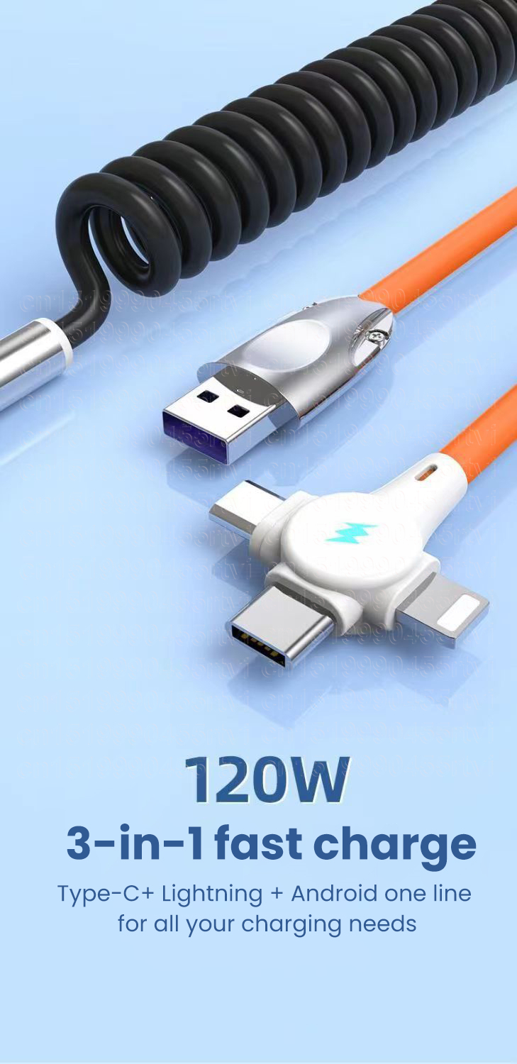 Câble de chargement rapide USB à ressort 2 en 1 3 en 1 6A, câble de chargement rétractable Micro USB type-c à 8 broches pour Huawei et iPh_voghion.com