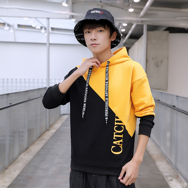Casual hooded hoodie for men in autumn loose fitting pullover hoodie, fashionable and versatile long sleeved color blocking hoodie_voghion.com