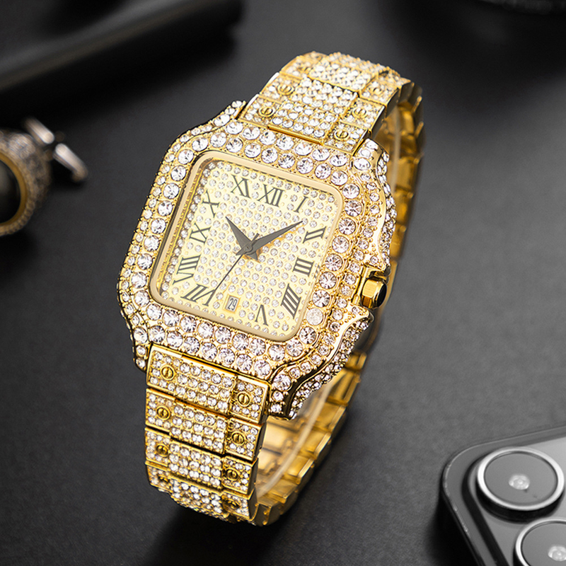 Men's Fashion Square Watch With Full Diamond Accents, Roman Numerals, And Quartz Movement - Waterproof, Stainless Steel Band, Mineral Glass_voghion.com