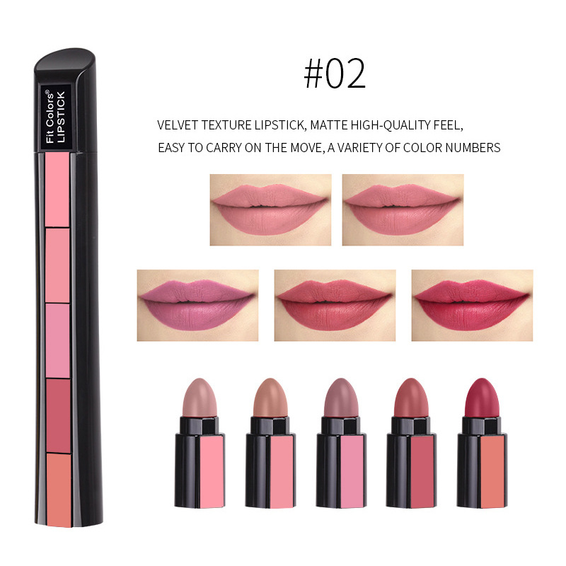 Tienda de cuidado de belleza Lápiz labial combinado de 5 colores, resistente al agua, 5 secciones, mate, Veet, brillo labial antiadherente de larga duración, Lipsti sti_voghion.com