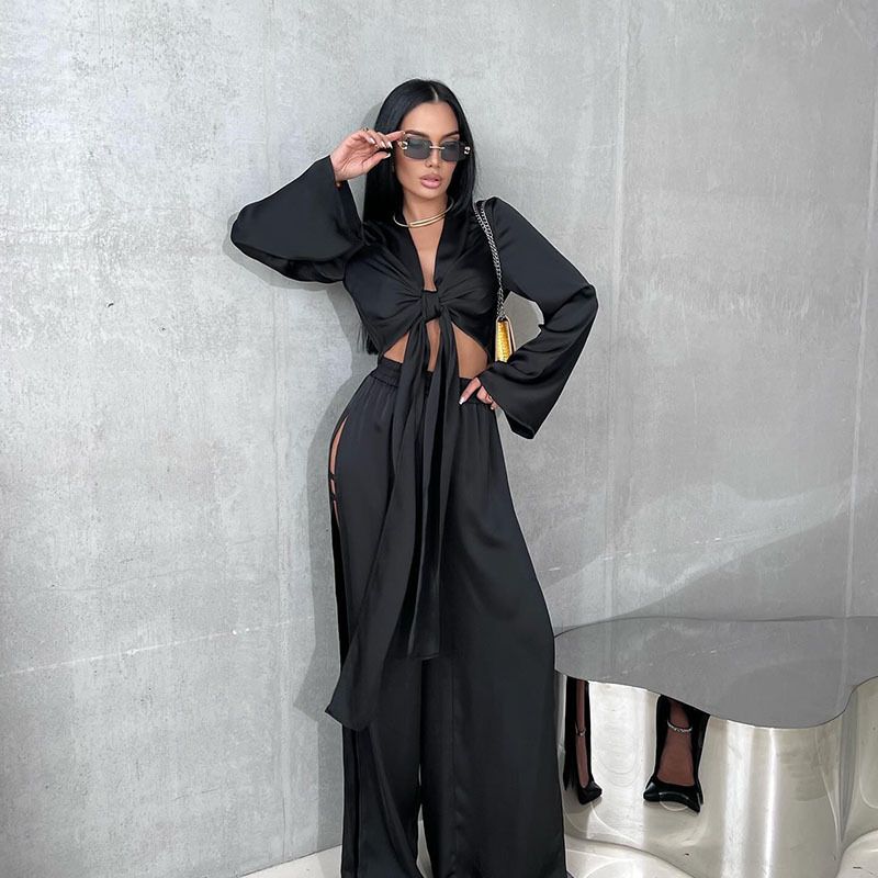 10756 Women's Fashion Sleeve Tie Short Top Hollow Out Split Long Pants Elegant Two-Piece Set_voghion.com
