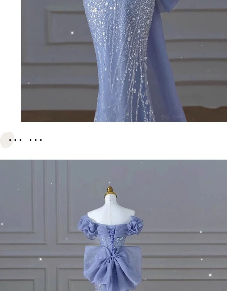 Elegant Blue Off-the-Shoulder Mermaid Evening Gown With Sequins – Formal Gala, Wedding, Stage Performance Dress_voghion.com