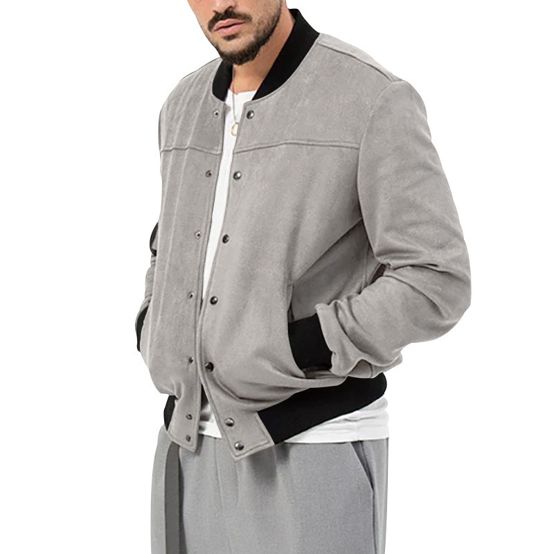2024 temu Spring New Men's Suede Standing Collar Button Cardigan Jacket Casual Coat_voghion.com