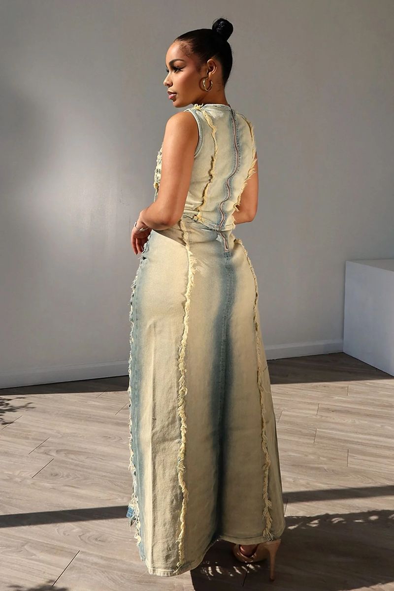 Women’s Clothing women's denim suits, cross border women's fashion, personalized hand worn vest, high slit denim skirt suit_voghion.com