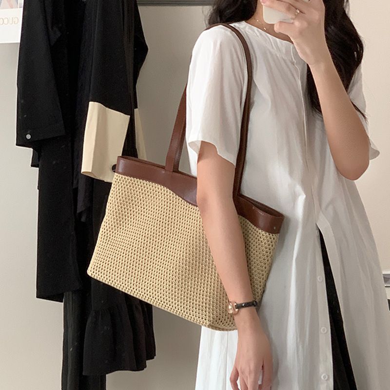 2025 Spring And Summer New French Raffia Mesh Weaving Large Capacity Ladies Resort Style Straw Handbag Shoulder Bag Fashion Versatile Leisure Daily_voghion.com