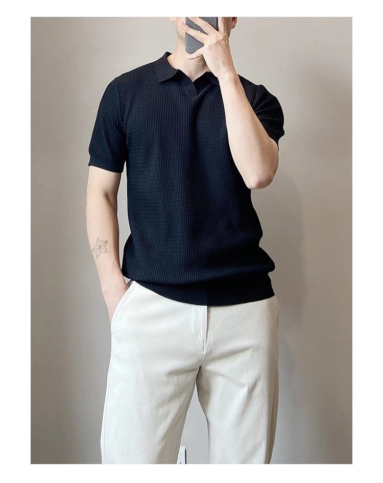 Polo da uomo in maglia leggera e traspirante, aderente, a maniche corte, stile americano, in seta ghiacciata, modello cross-border, con strisce antivento_voghion.com