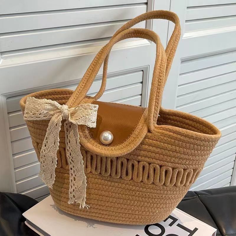 2025 Neue gewebte Tasche, einfache rückenförmige Strohhandtasche, Umhängetasche, Urlaubstasche aus Baumwollseil für Pendler, Damentasche_voghion.com