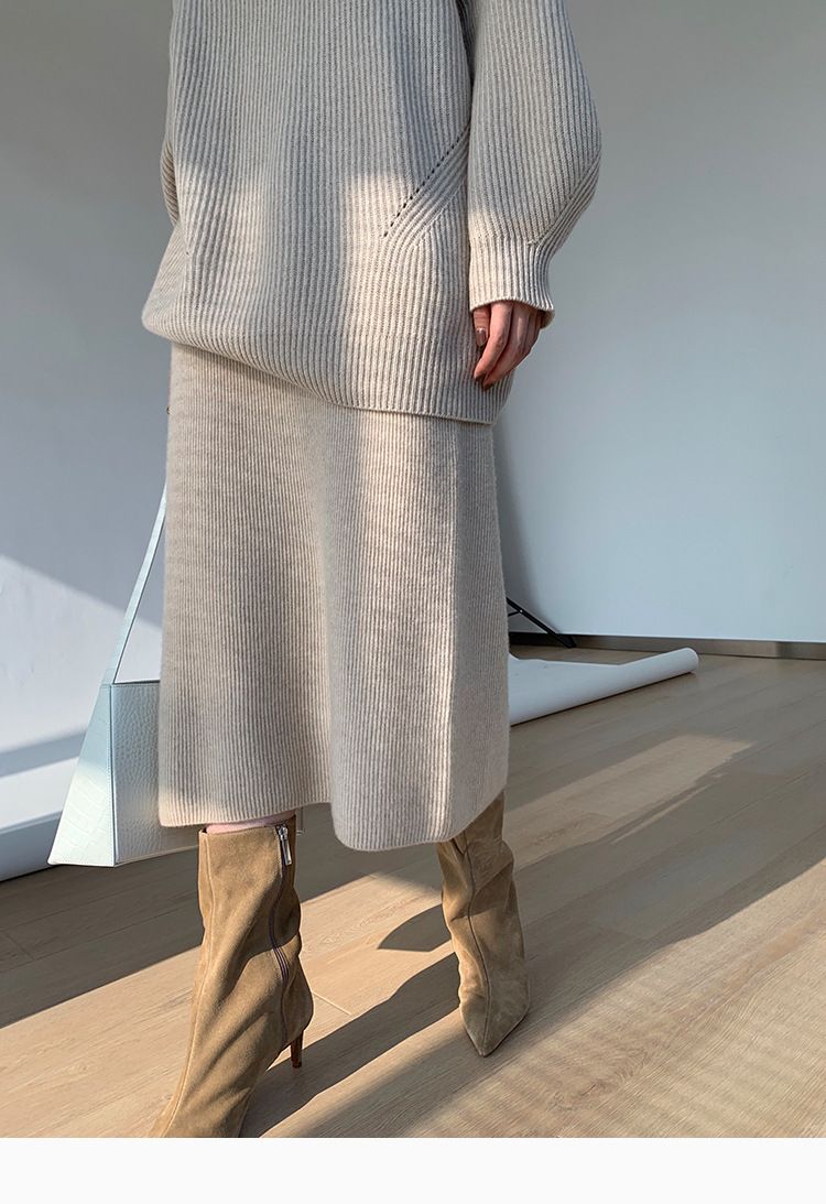 Damenbekleidung Damen-Set aus Strickpullover und Rock – halbhoher Ausschnitt, gemütliches zweiteiliges Outfit_voghion.com