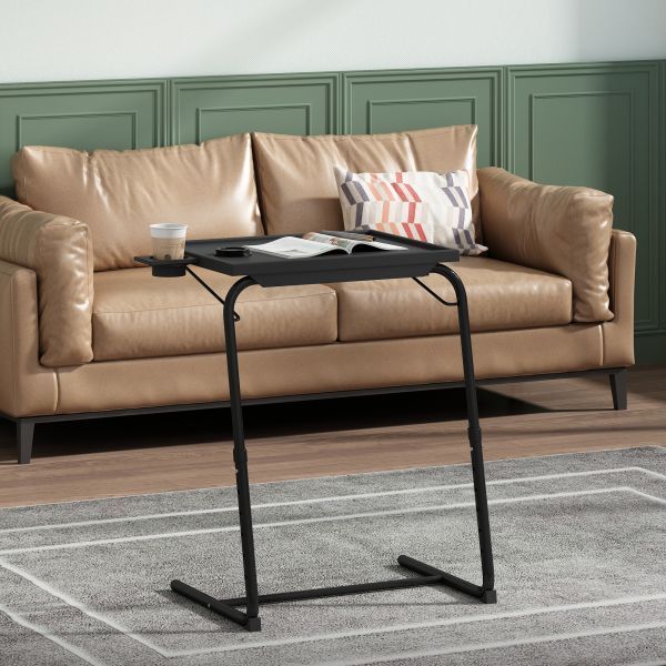 Adjustable TV Tray Table With Cup Holder; Folding TV Dinner Table With 6 Height And 3 Tilt Angle Adjustments_voghion.com