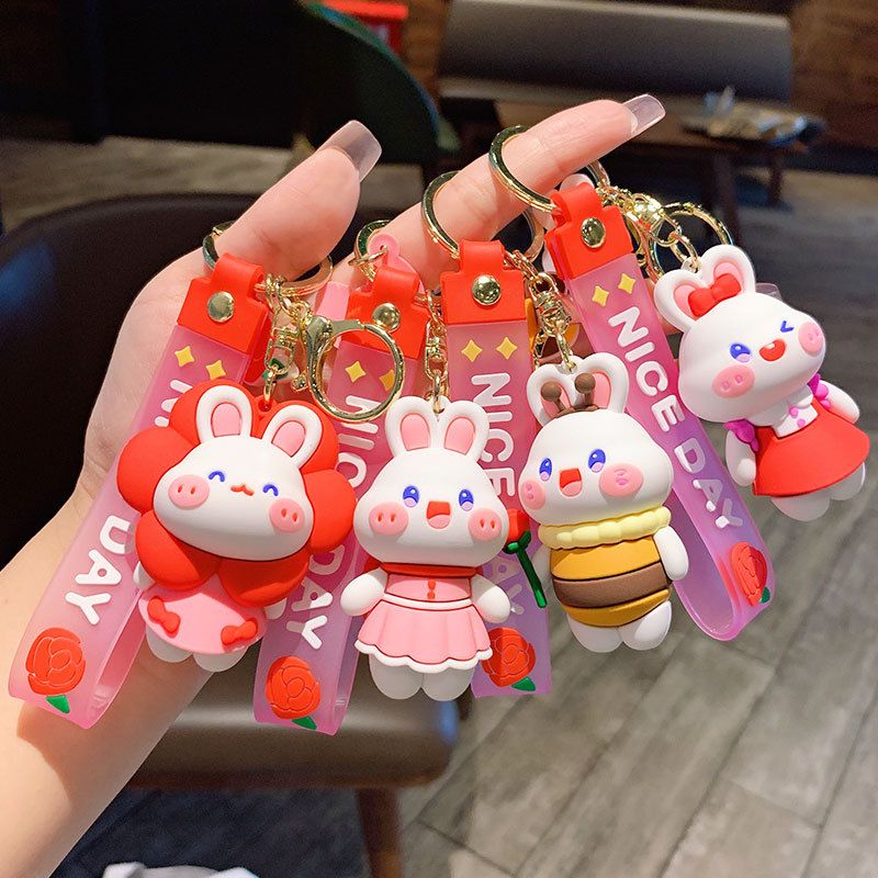 Portachiavi creativo e carino a forma di coniglietto con fiore, per donne, stile cartone animato, squisita coppia, decorazione per auto e zaino, piccolo regalo._voghion.com