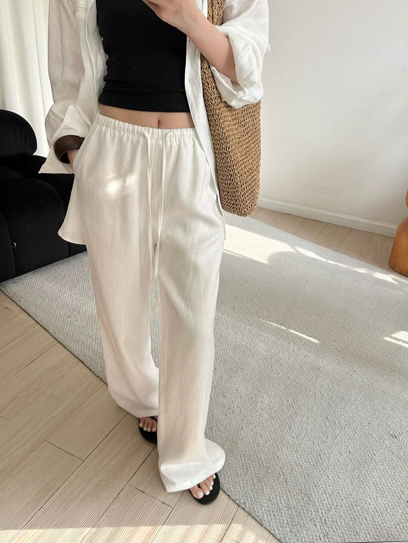 Atmungsaktive Hose aus Leinen-Baumwolle mit weitem Bein für Damen – Relaxed Fit Hose mit hoher Taille und geradem Bein und Kordelzug, lässige Loungewear für den Sommer in Weiß_voghion.com