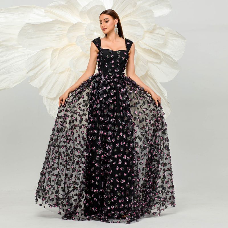 Dameskleding Mouwloos Temperament Vierkante Hals Sling Lange Boheemse Stijl Grote Swing Mesh Avondjurk Voor Vrouwen_voghion.com