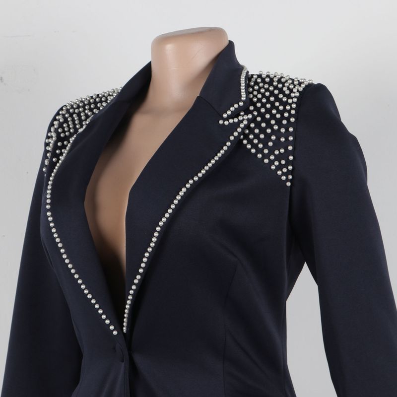 Traje de dos piezas ajustado de manga larga con perlas para mujer_voghion.com