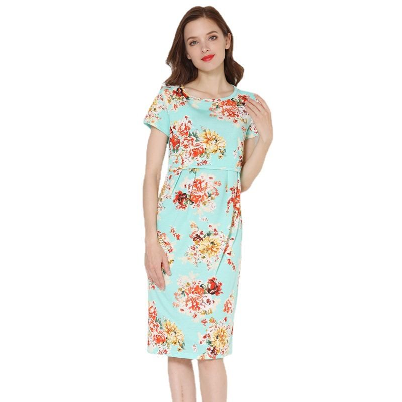 2024 Summer Fragmented Short sleeved Straight Barrel Pregnant Women's After Delivery Breastfeeding Dress_voghion.com