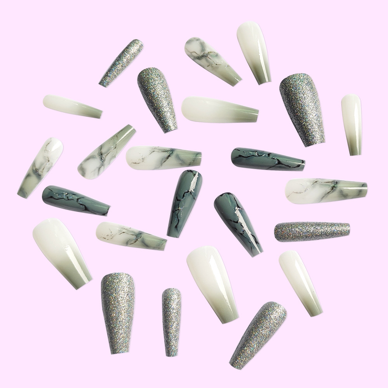 Artifica 24 pezzi Nais con punte Gue Fase Nai con grana di marmo Design Gitter Detachabe Press On Nais Long Fake Lg_voghion.com