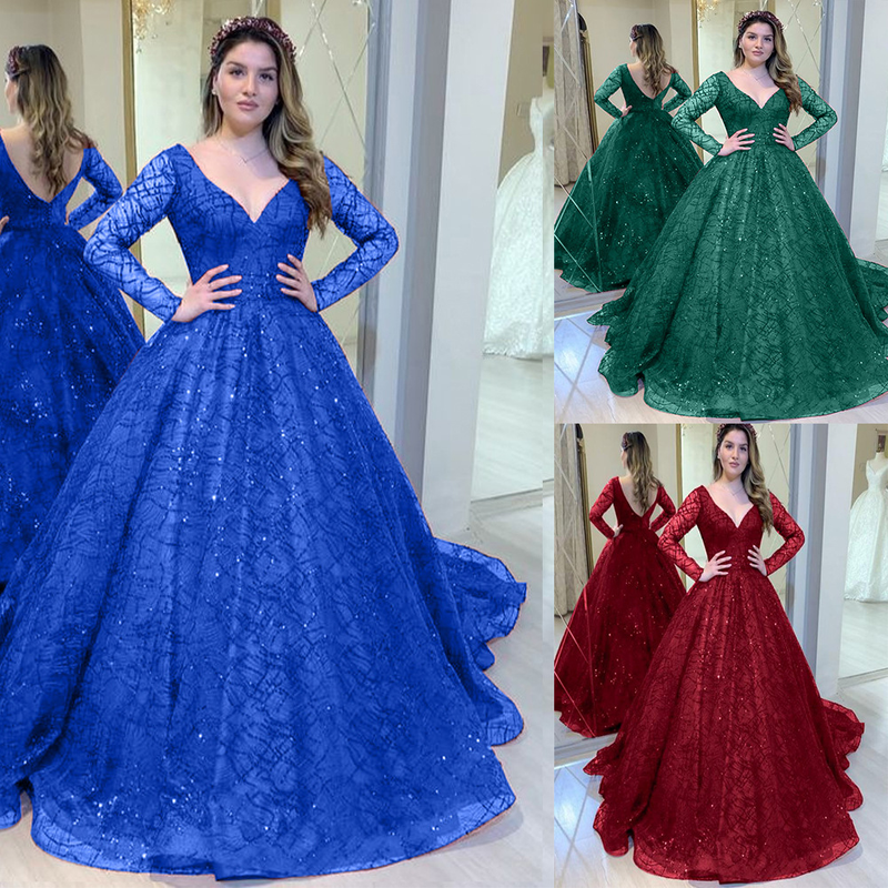 Blaues Hochzeitskleid, Herbst und Winter, neues langärmeliges, perlenbesetztes Pailletten-Vollrock, sexy Bankettkleid mit V-Ausschnitt_voghion.com