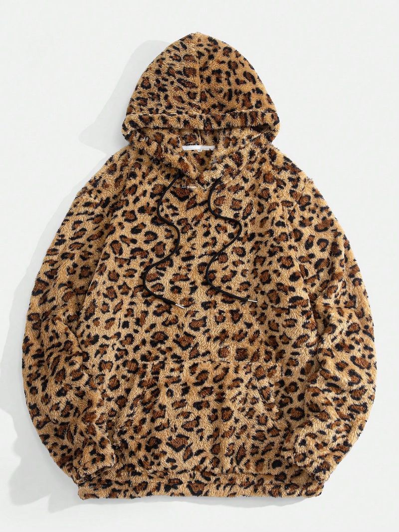 Felpa con cappuccio da uomo con stampa leopardata retrò - Pullover in pile spesso con coulisse regolabile (S-XXL)_voghion.com