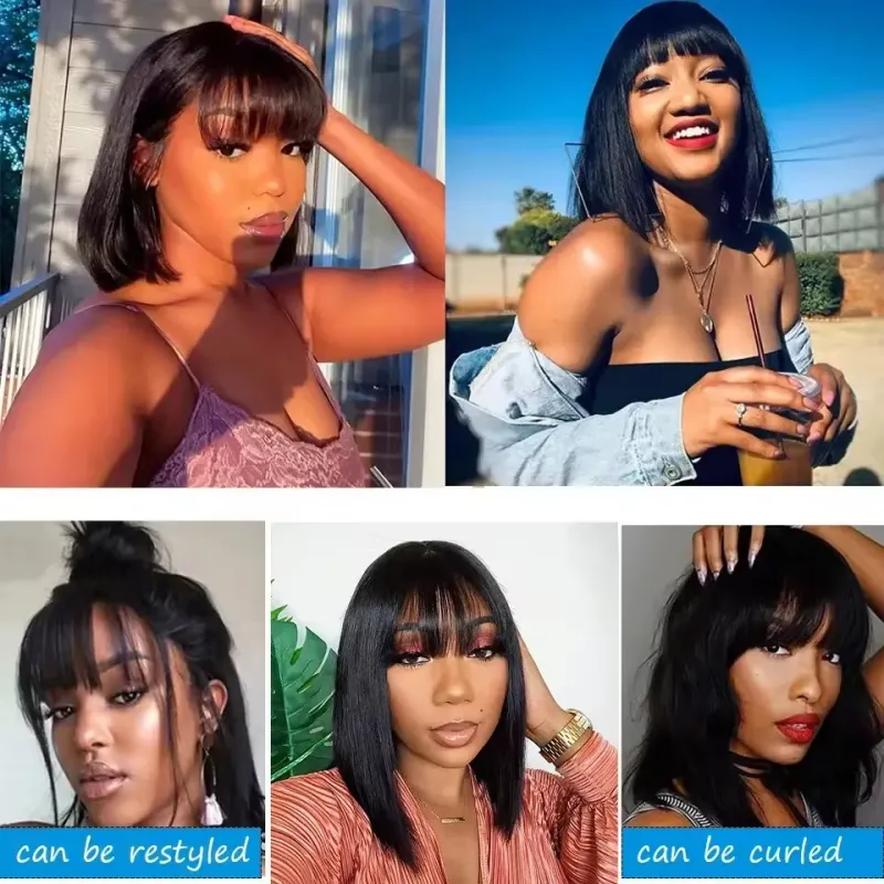 Brazilian Human Hair Bob Wig with Bangs, Straight, 8-14 Inches_voghion.com