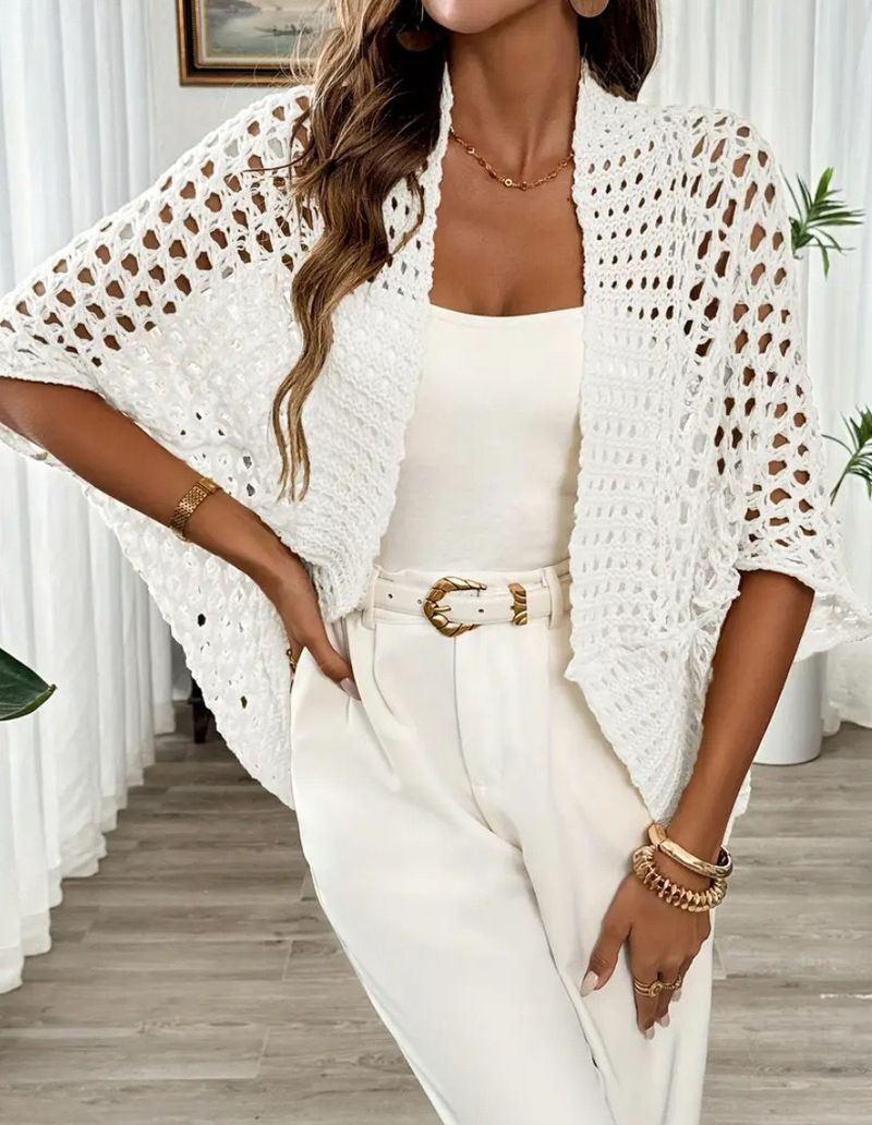 Maglione da spiaggia con lacci e maglia – Top da vacanza all'uncinetto con trafori (XS-XL, bianco/nero/albicocca/rosso)_voghion.com