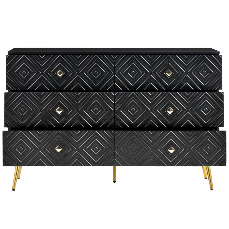 Kommode Schwarz 120x80cm Mit 6 Schubladen, Gold-Akzenten, Metallbeinen_voghion.com
