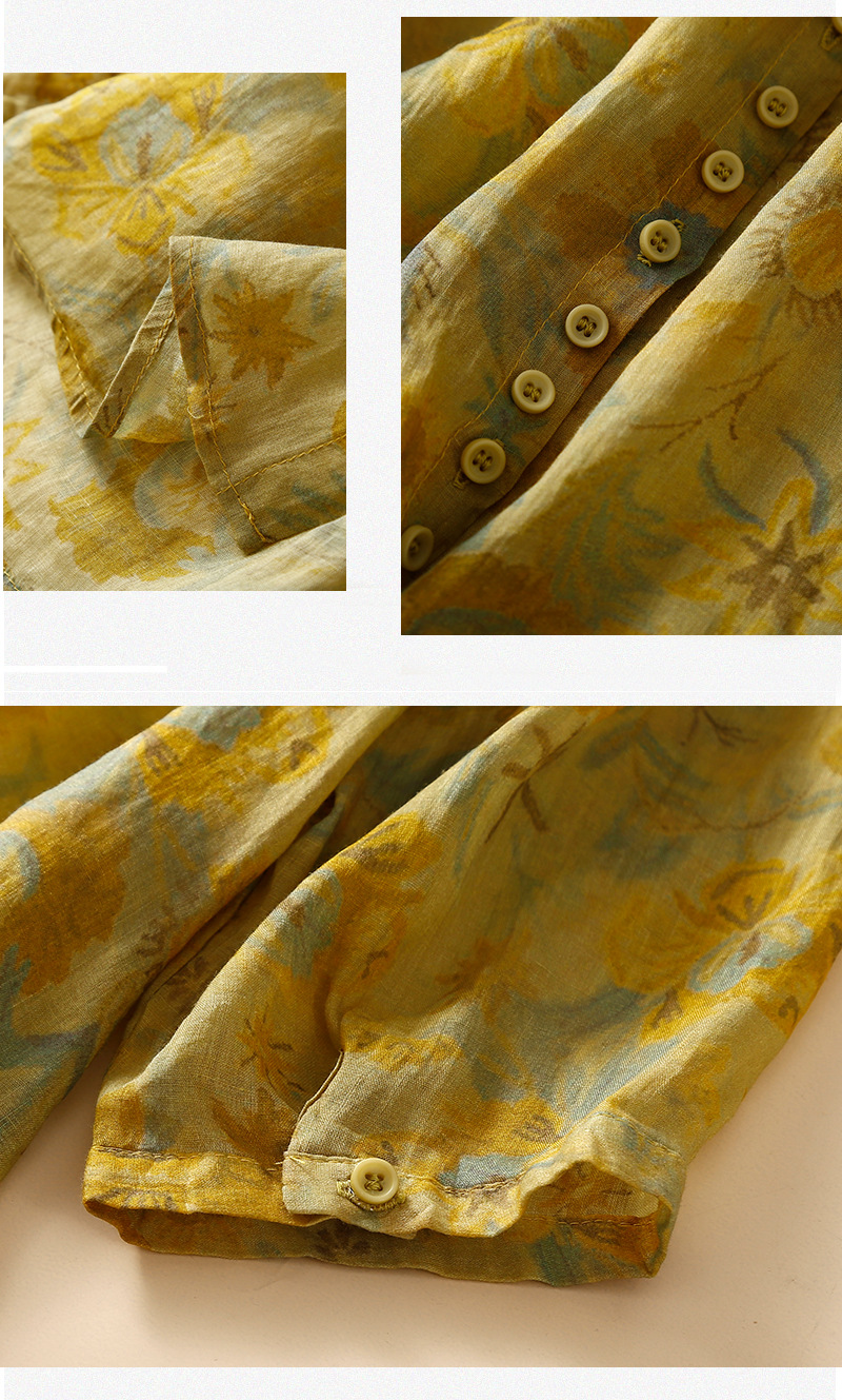 Damen gemustertes Ramie-Shirt Damen lockeres mittellanges Blumen-Dünnhemd Cardigan-Oberteil_voghion.com