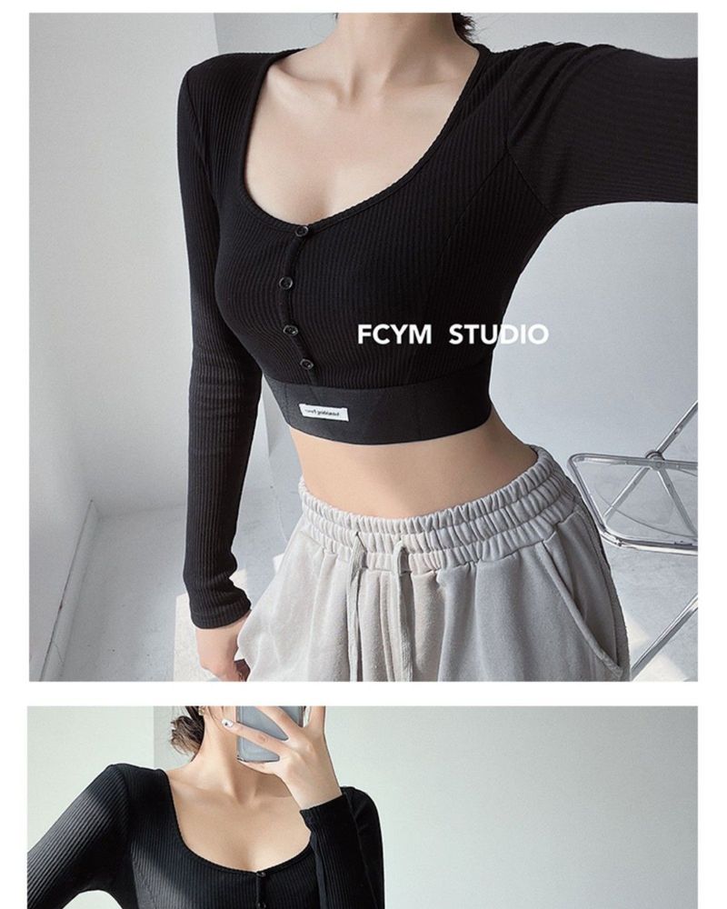 Maglietta sexy attillata e attillata a maniche lunghe per ragazze piccanti da donna, con etichetta monopetto, scollo quadrato e scollo a V._voghion.com