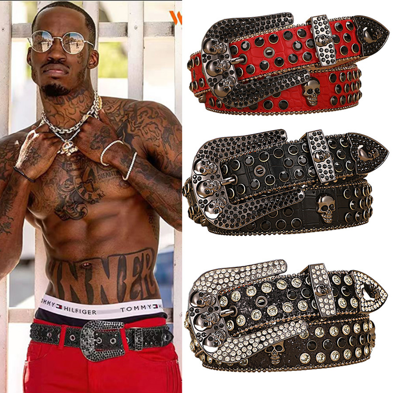Damen 2024 Neuer personalisierter Punk-Schädel, kreatives Design-Zubehör, dekorativer Jeans-Modegürtel mit Diamanten, Herren-Taillenabdeckung_voghion.com