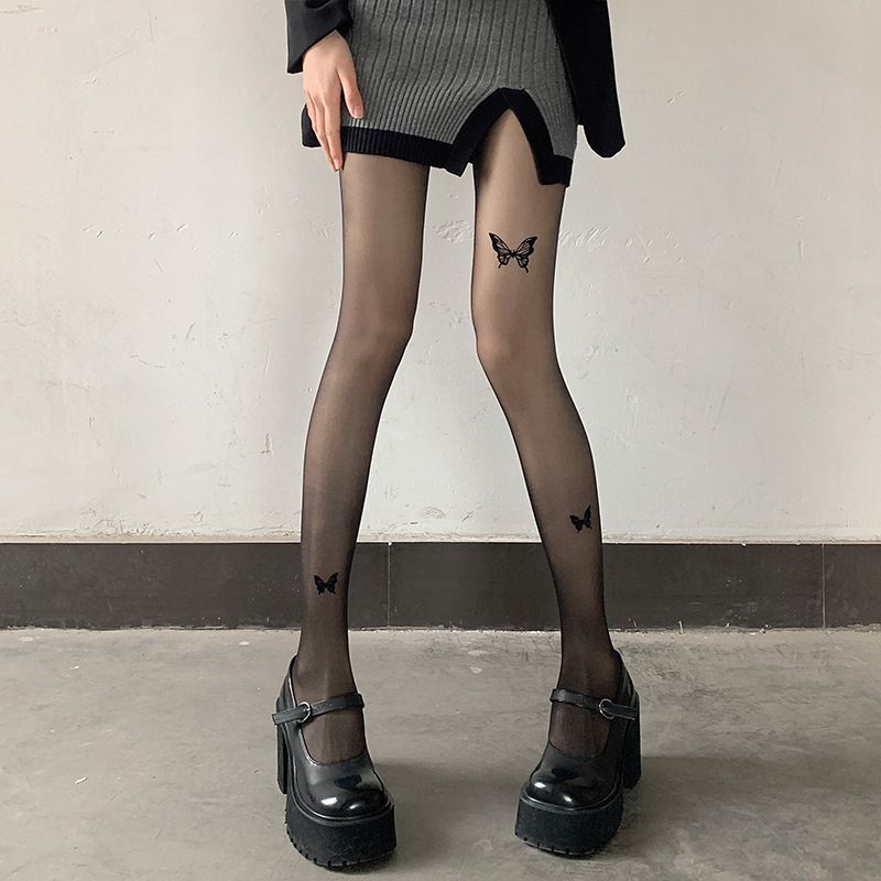 2024 neue Bogen Strümpfe Sexy Schwarz Seide Reine Wunsch Strumpfhosen Nette Print JK Lolita_voghion.com
