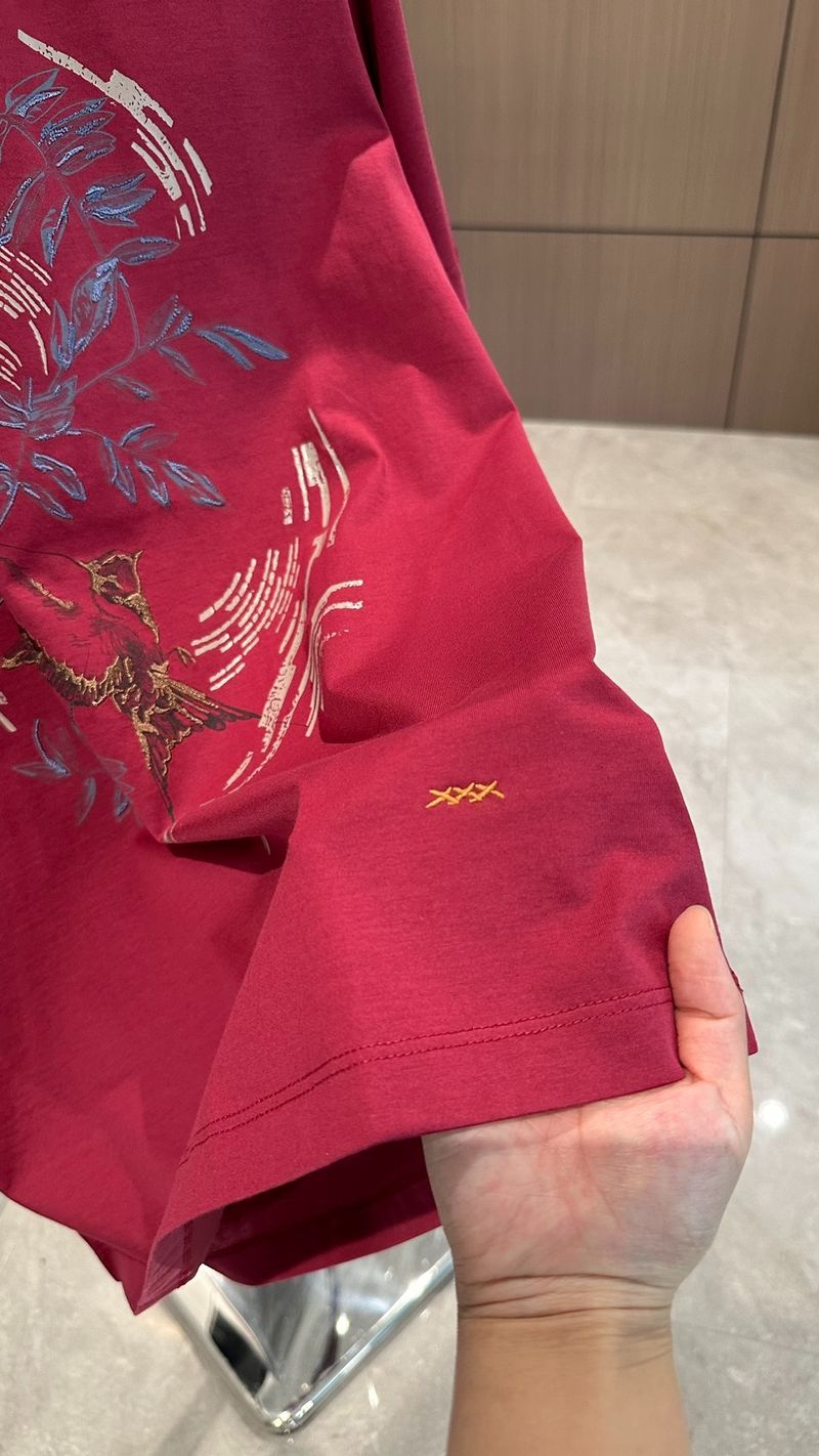 Richiesta urgente di scorte❗❗Jie Family Casual Manica corta, Raffinato ricamo con stampa di uccelli sul petto, Logo dorato_voghion.com