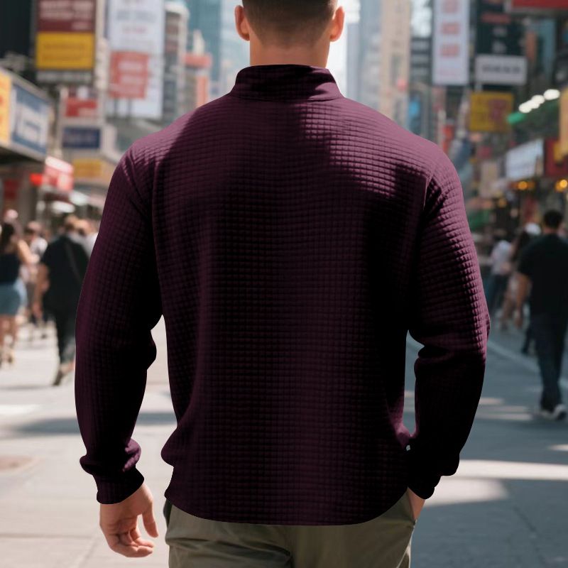 Felpa da uomo casual semplice e casual americano da uomo, con colletto rialzato, mezza zip e fondo in jacquard, autunno e inverno_voghion.com